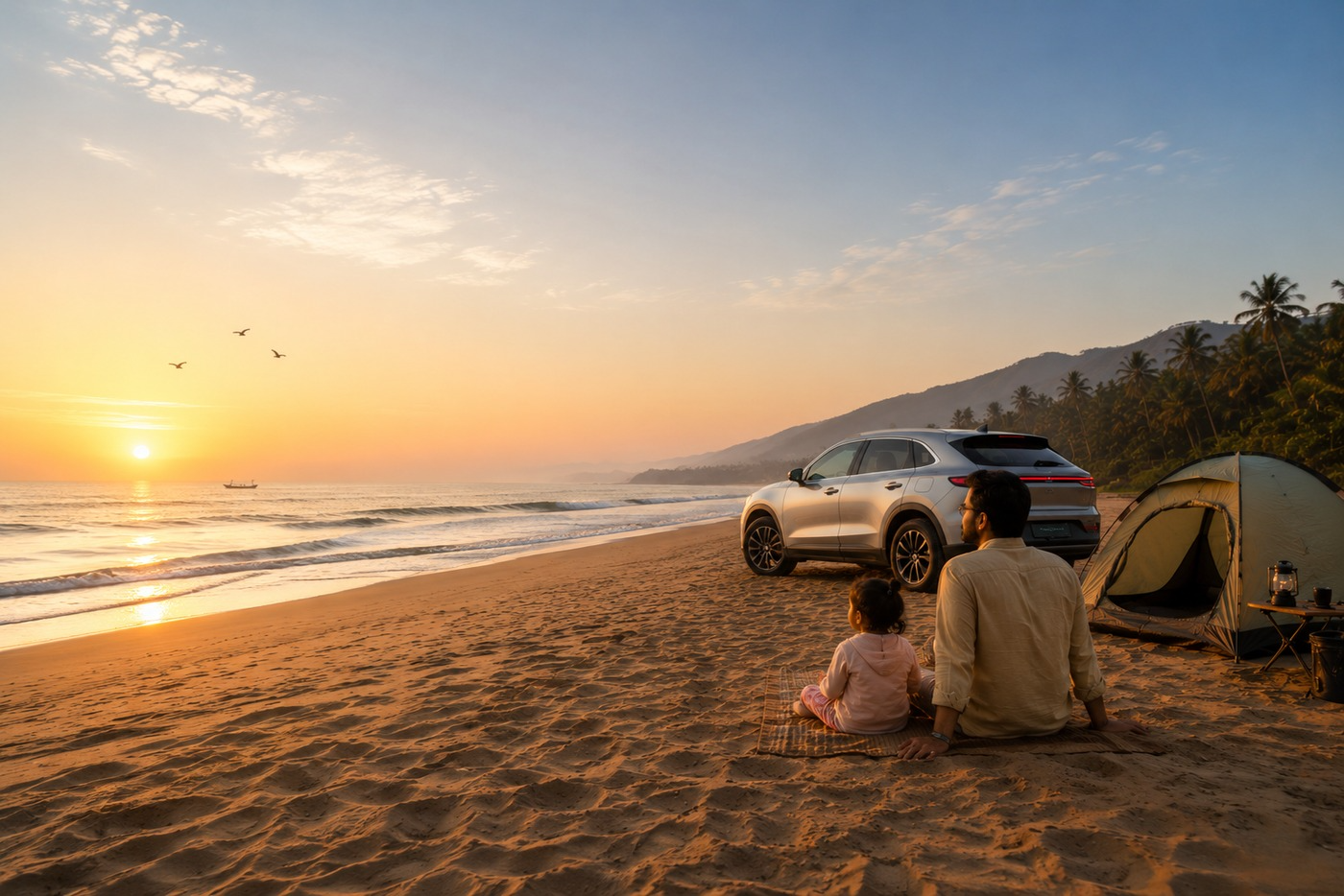 A parent and child on a beach at sunrise beside their electric SUV and tent, watching the sea — the freedom to take the people you love anywhere
