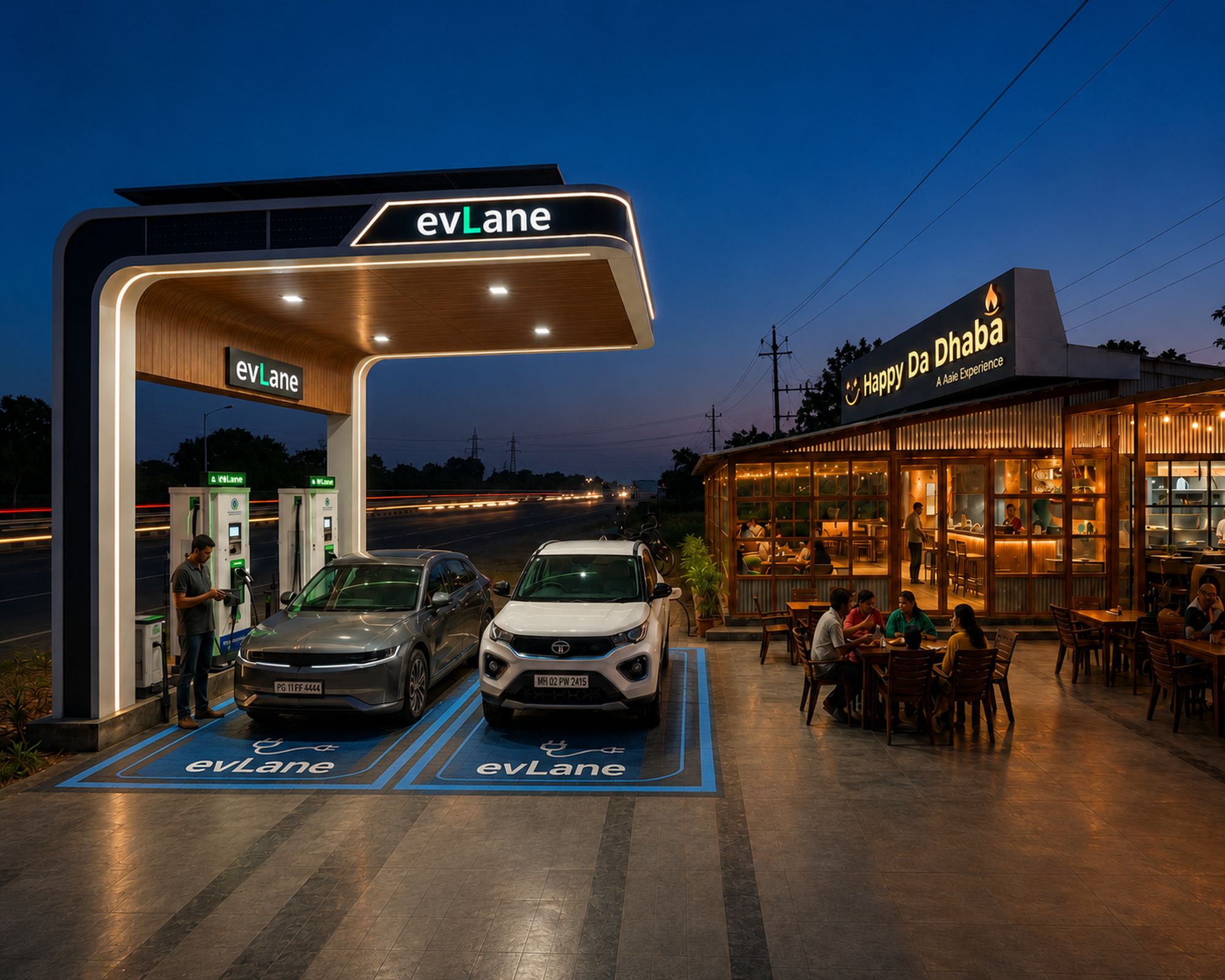 An evLane charging hub at a highway stop at dusk — two EVs charging under the lit canopy while guests dine alongside