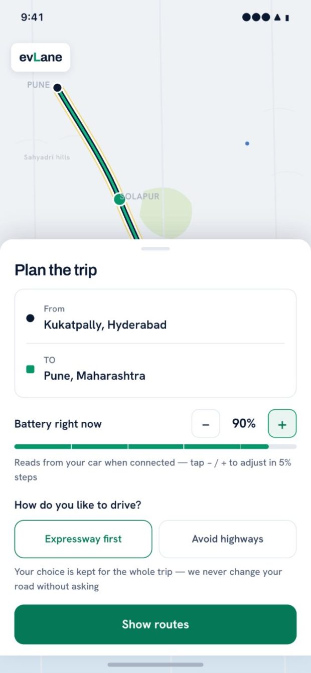 evLane app — plan the trip with battery level and driving preference
