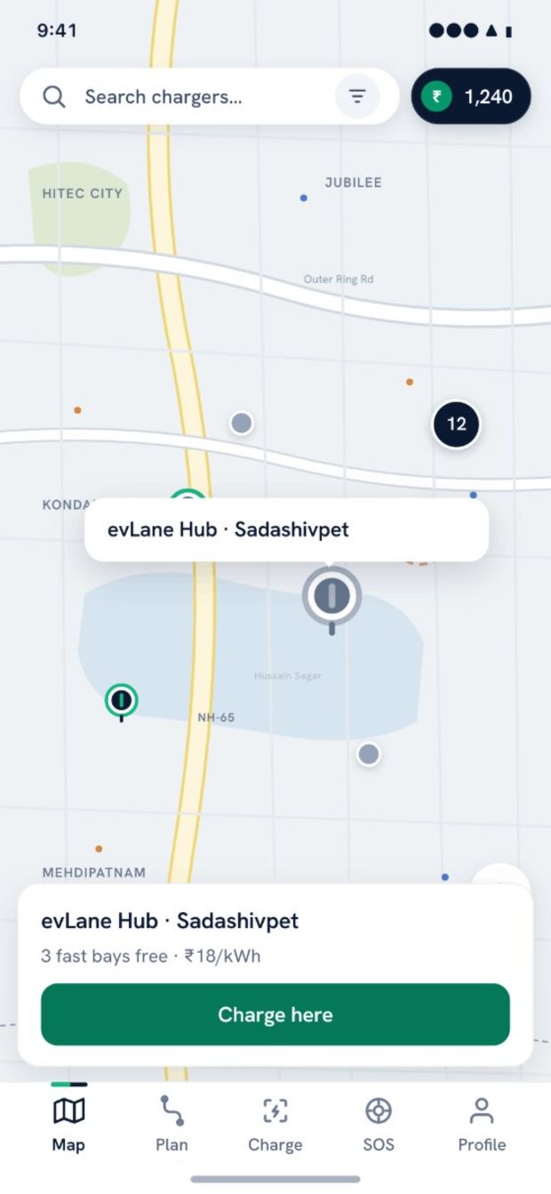 evLane app — map of verified stops on the corridor with live status and one-tap Charge here
