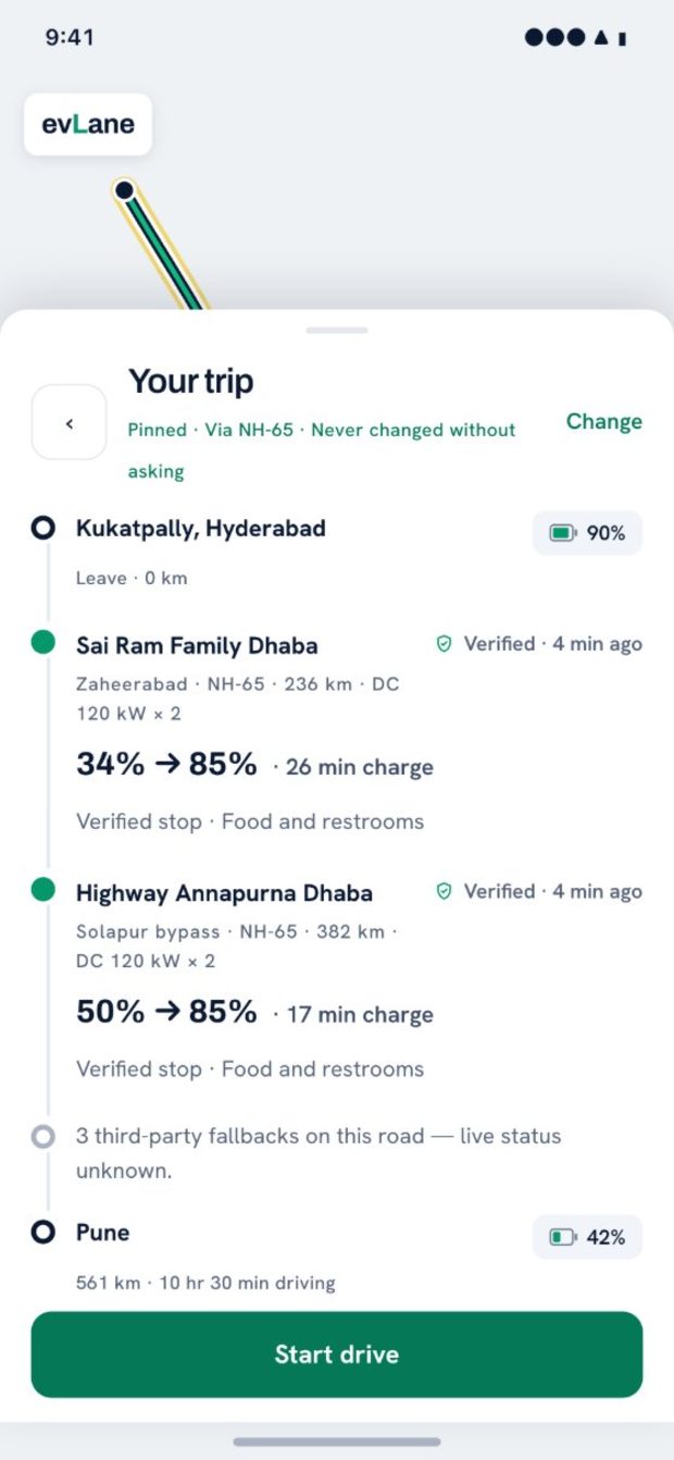 evLane app — trip locked with charging stops and a backup on the same road