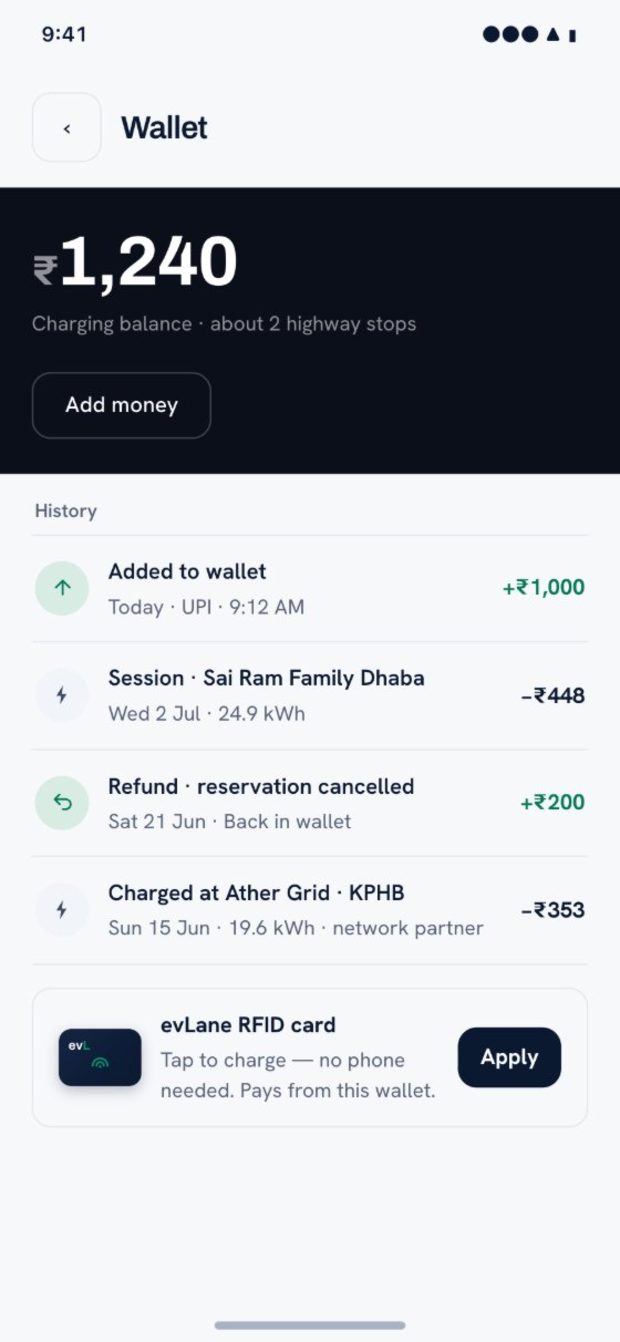 evLane app — wallet