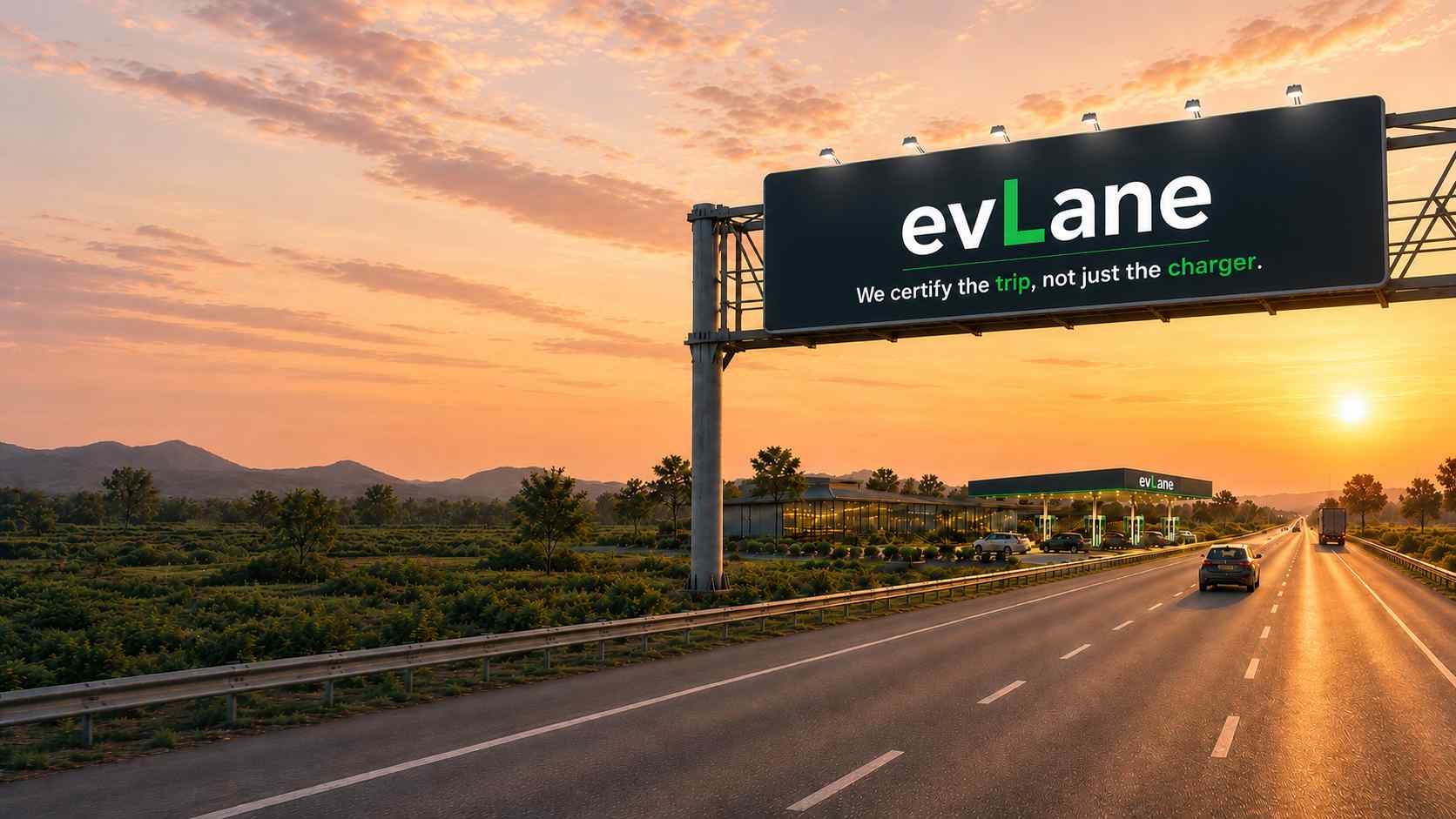 An evLane highway charging stop at sunset — station, lounge and an overhead evLane billboard reading 'We certify the trip, not just the charger', open road ahead
