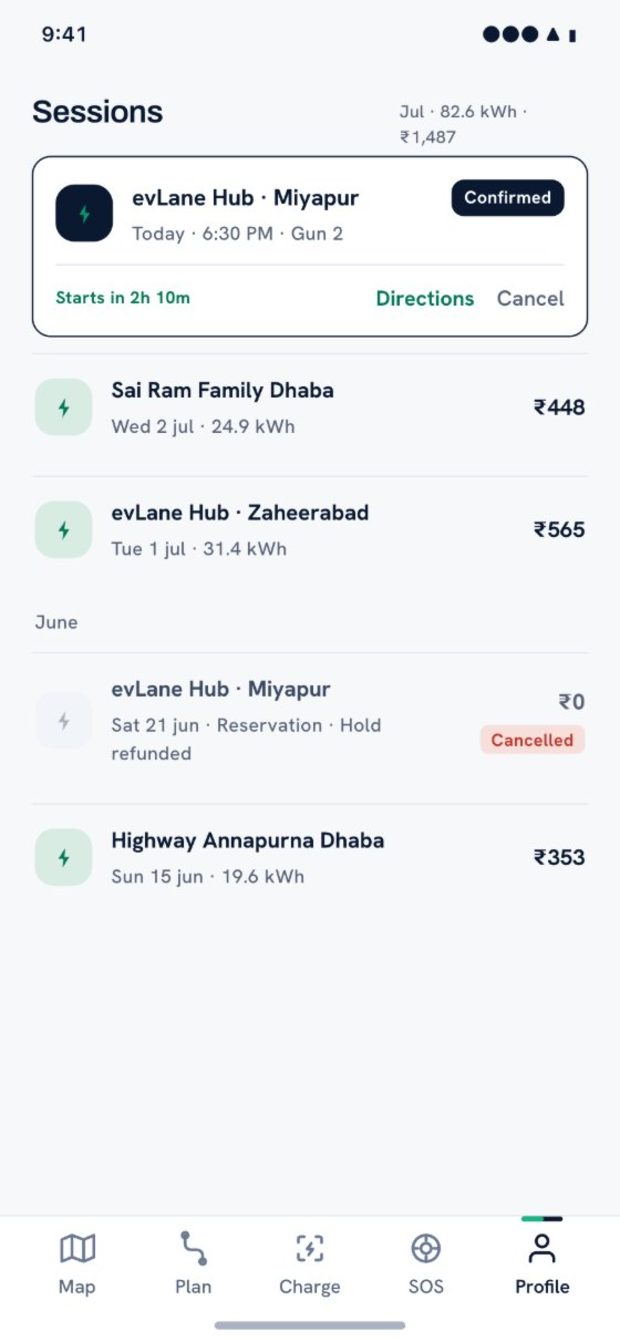 evLane app — session history