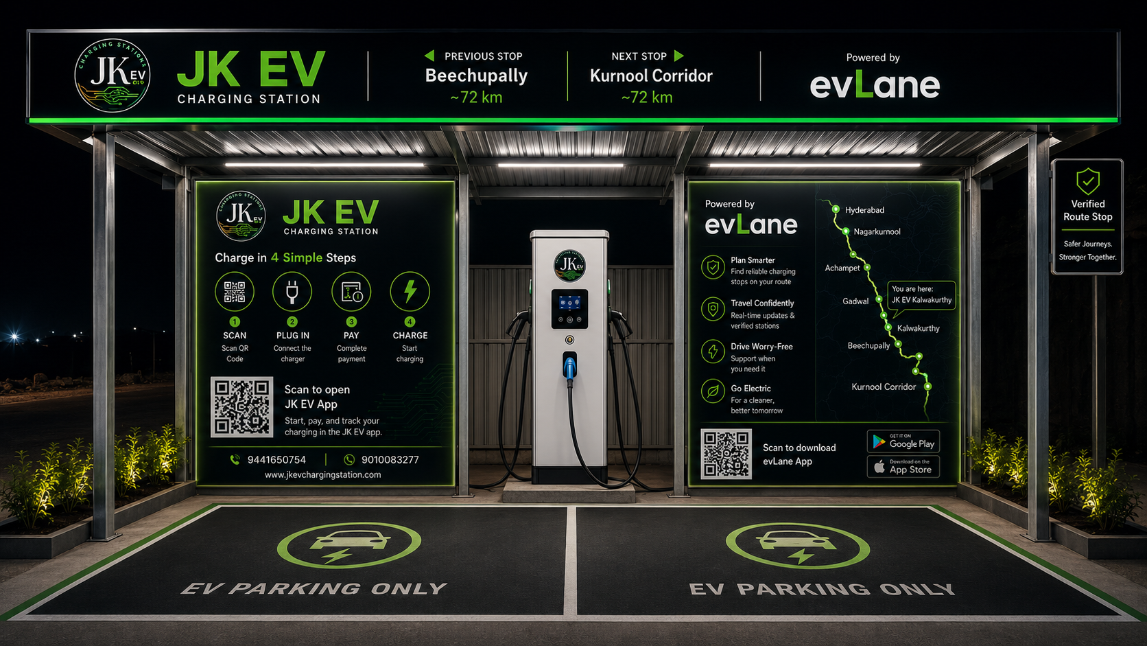 The same JK EV station rebranded as a verified evLane route stop — co-branded signage, charge-in-4-steps guide, corridor map and EV parking